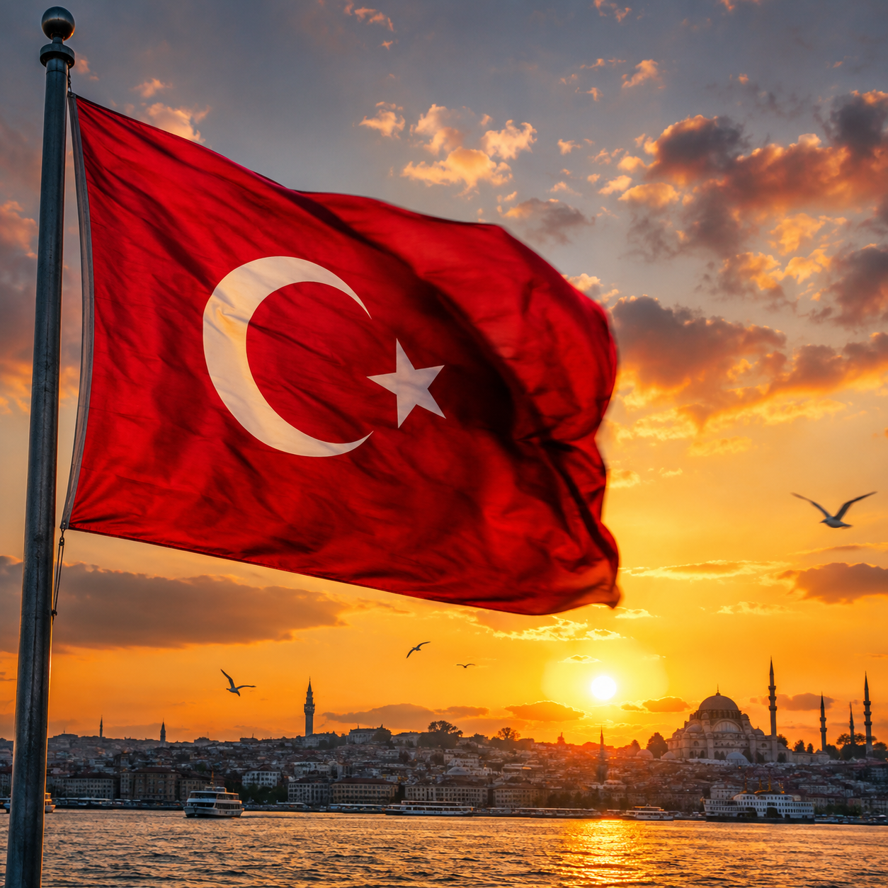 Turkey flag over Istanbul at sunset